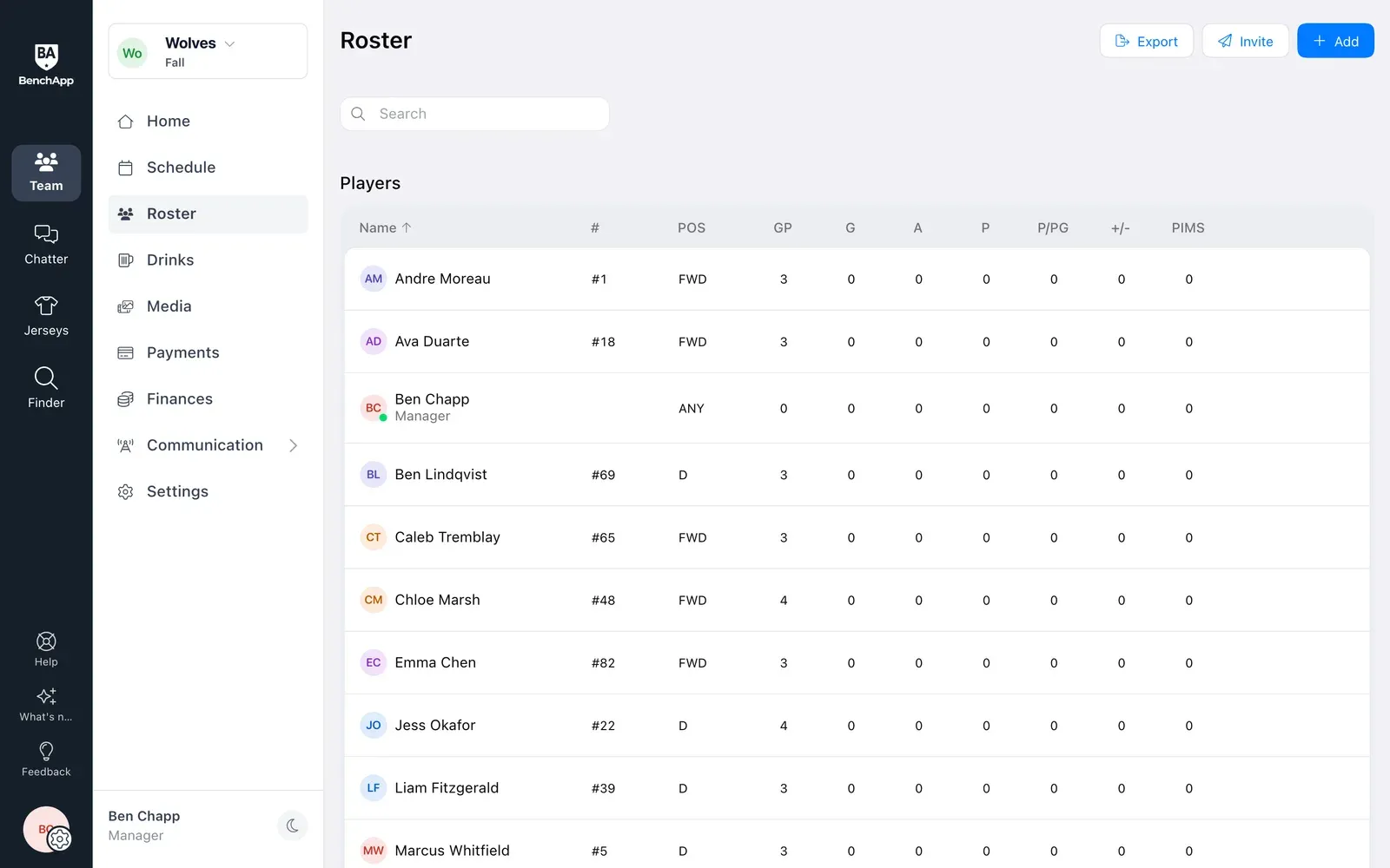 BenchApp on a computer: the team roster with each player's number and position