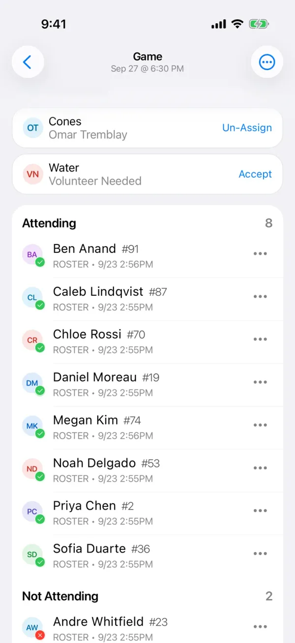 BenchApp game screen showing who is in, out, and yet to reply