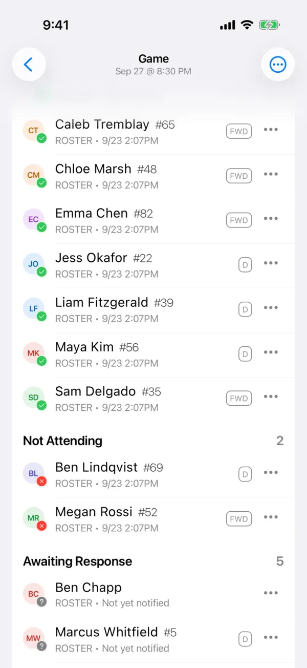 BenchApp game screen showing who is in, out, and yet to reply