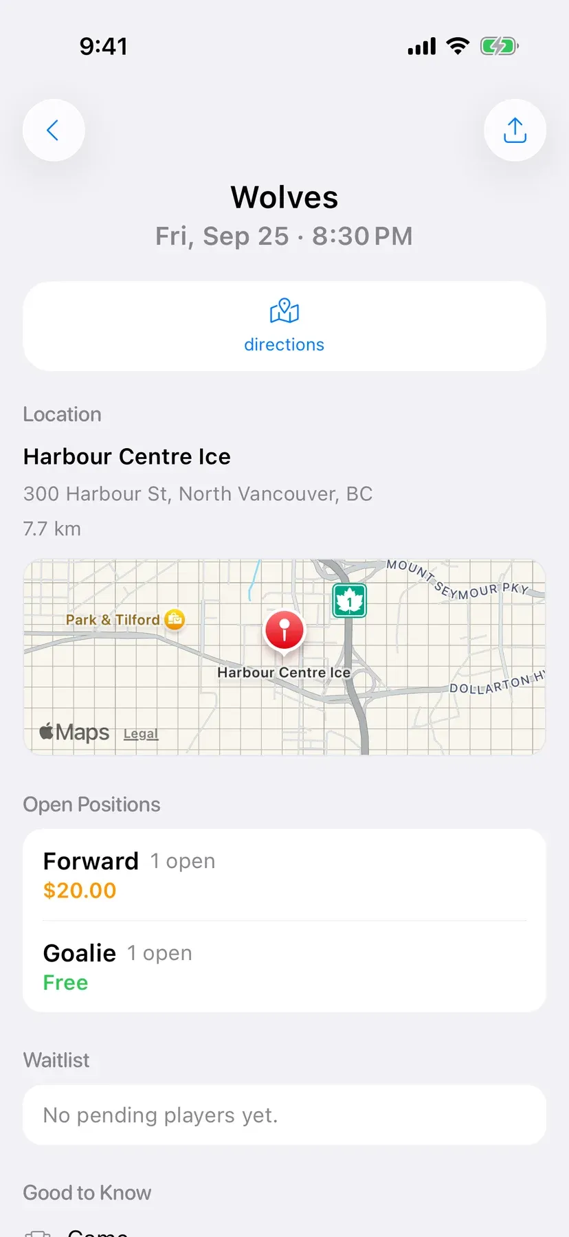 BenchApp Finder on a phone: a nearby hockey game with open spots