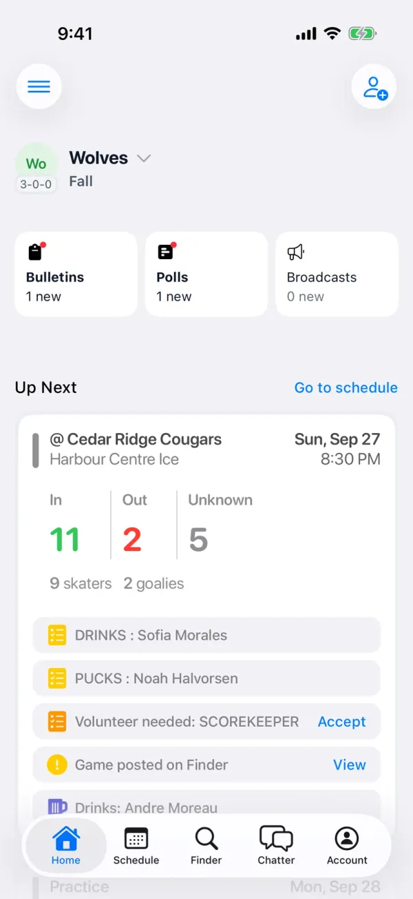 BenchApp team home screen with the next game and who's coming