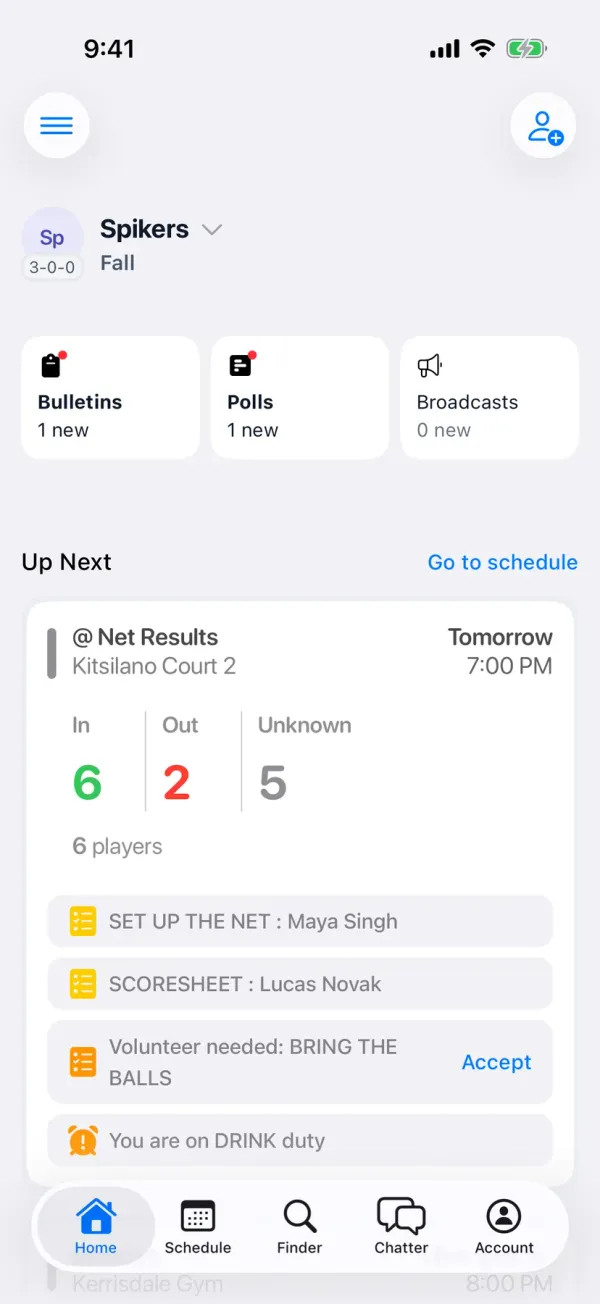 BenchApp team home screen with the next game and who's coming