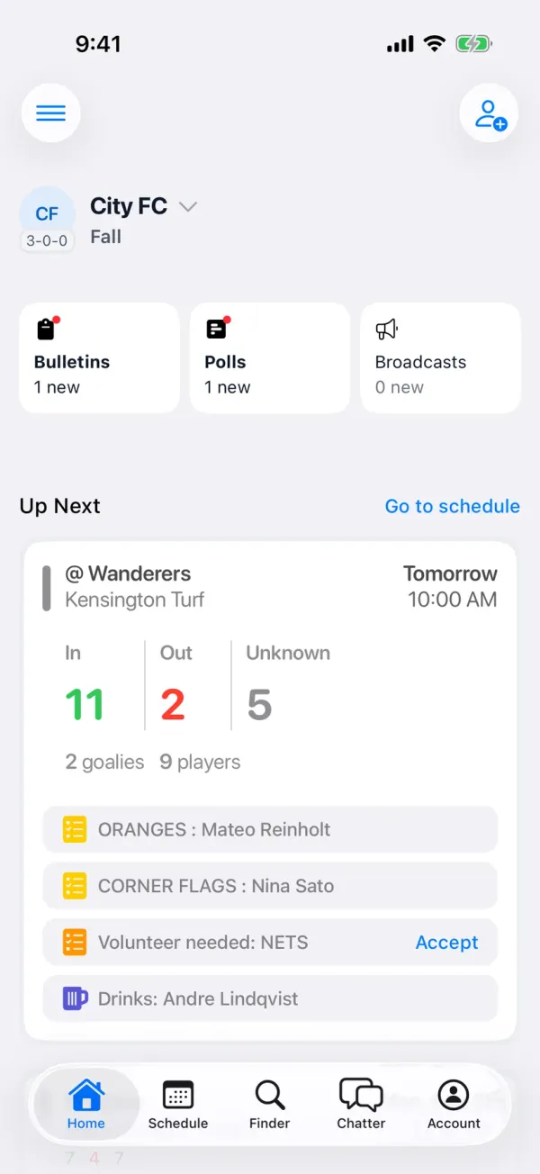 BenchApp team home screen with the next game and who's coming