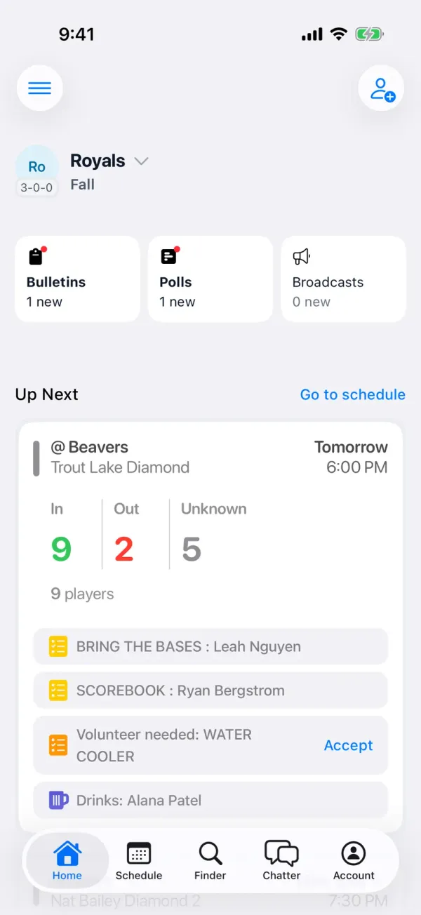 BenchApp team home screen with the next game and who's coming