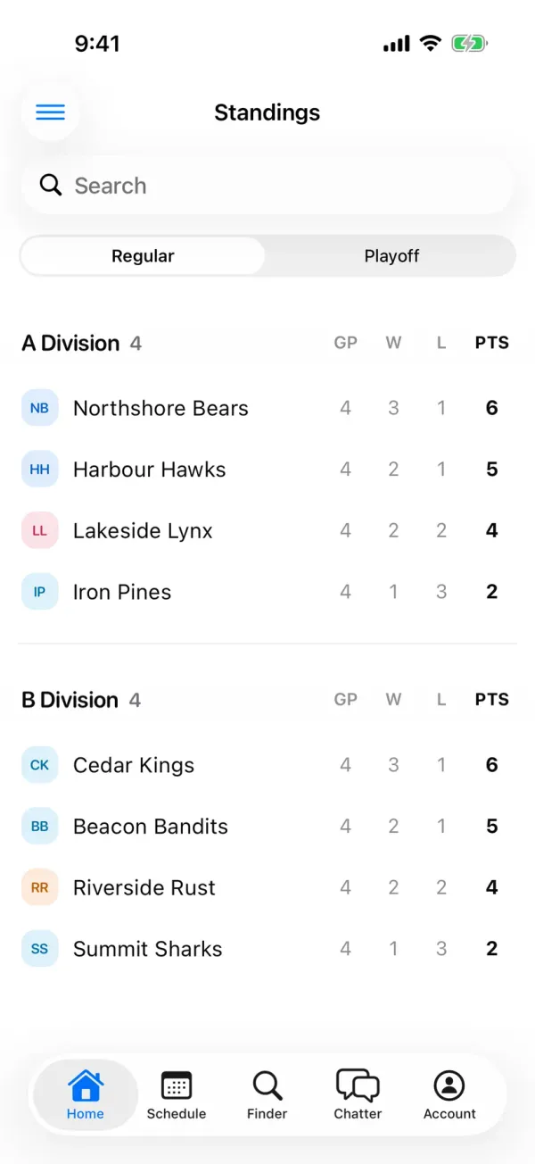 BenchApp league standings on a phone, grouped by division