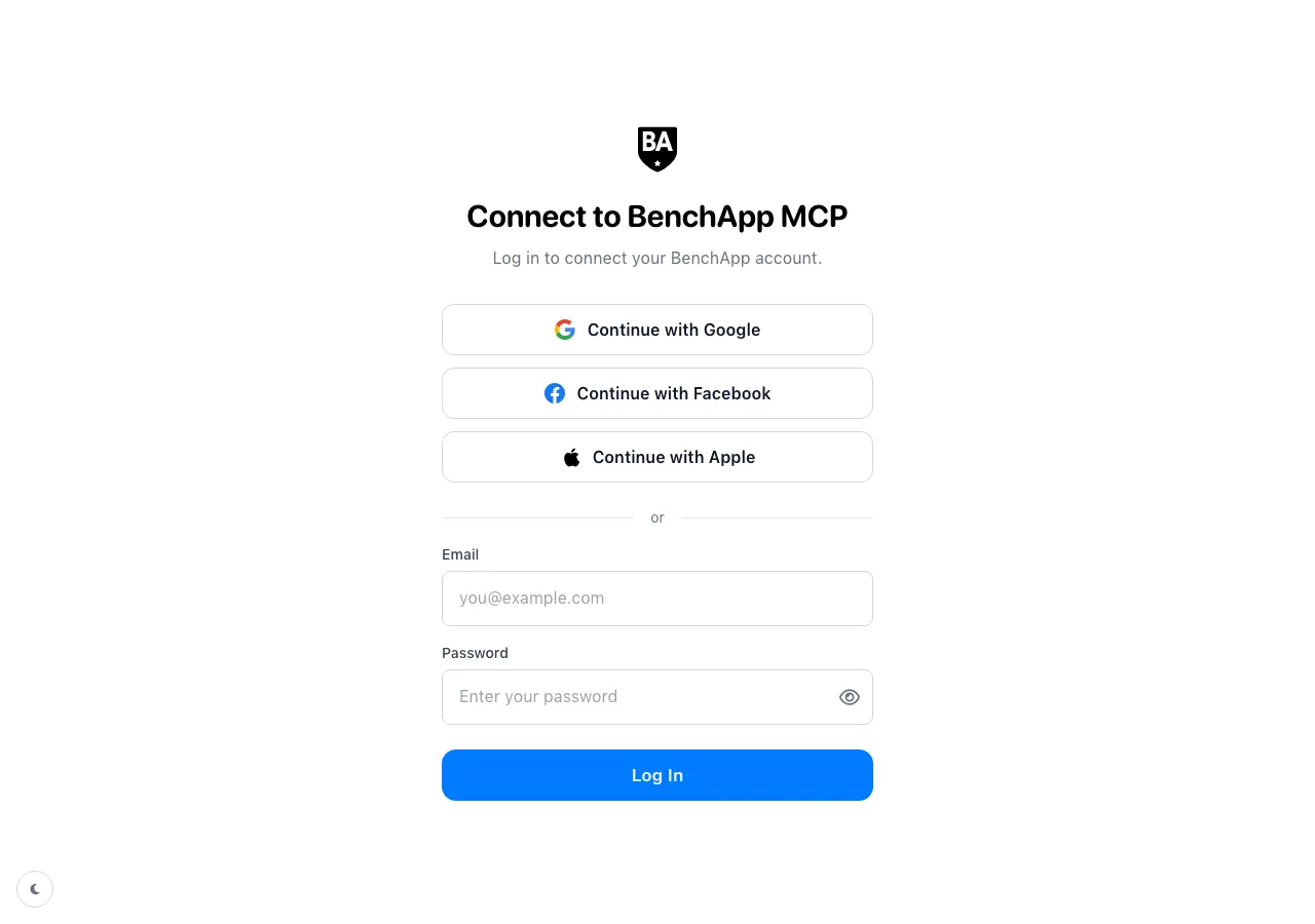 The Connect to BenchApp MCP login screen, with Google, Facebook, Apple and email sign-in