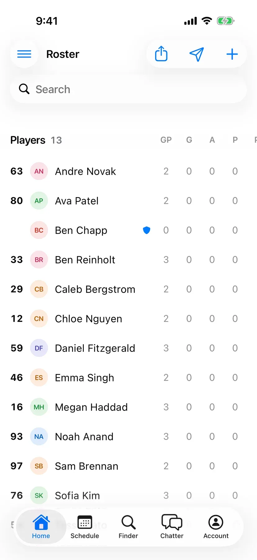 BenchApp roster screen listing the team's players